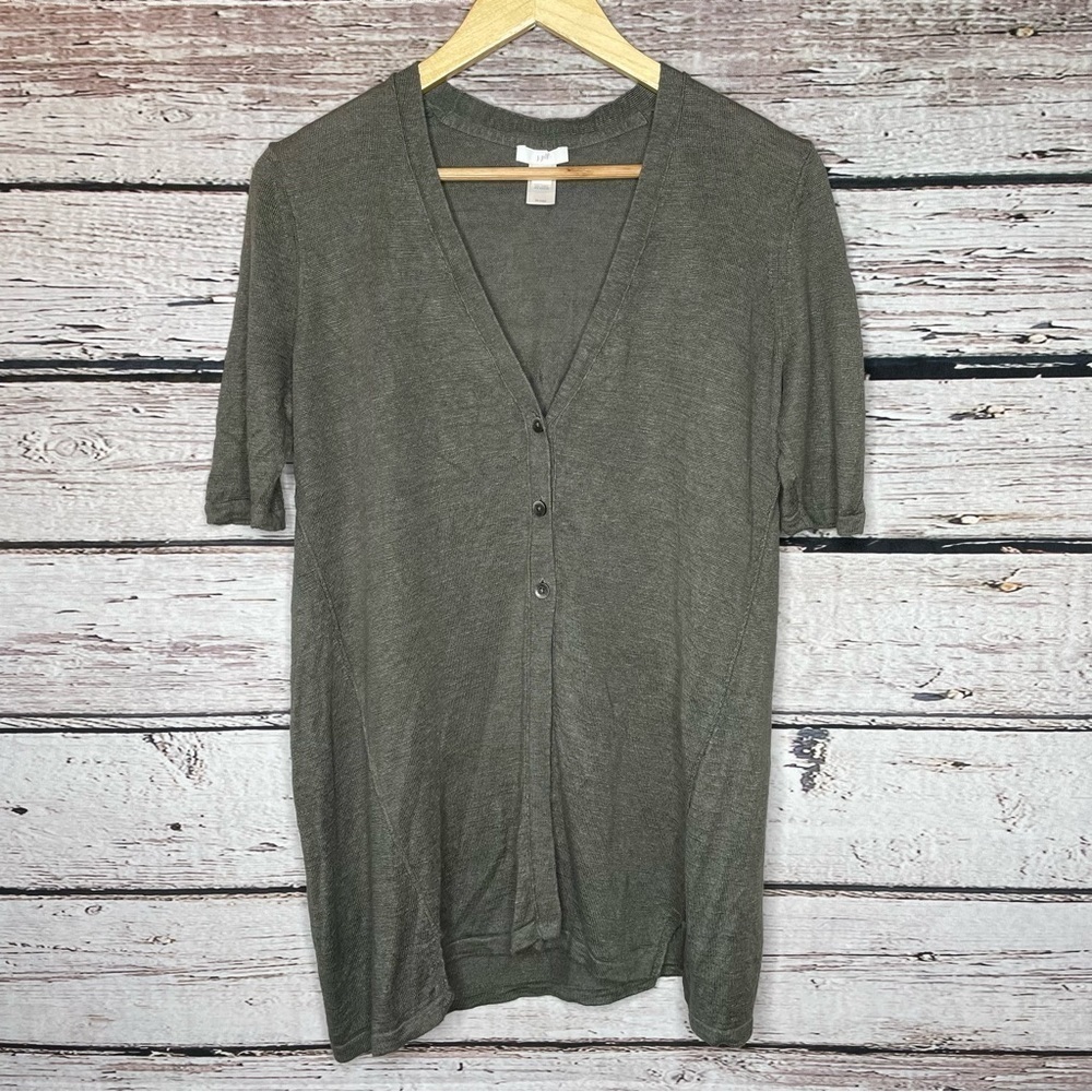 J. Jill Olive Green Linen Blend Tunic Length Cardigan Sweater 3 Buttons‎ Small